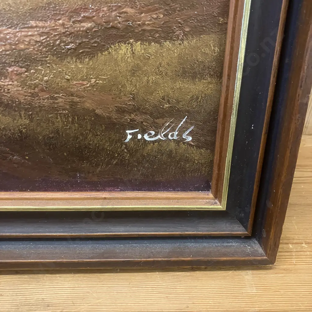 Oil Painting Outback Scene With Gum Trees & Windmill Signed Fields. 128 x 68.5cm Image 1++