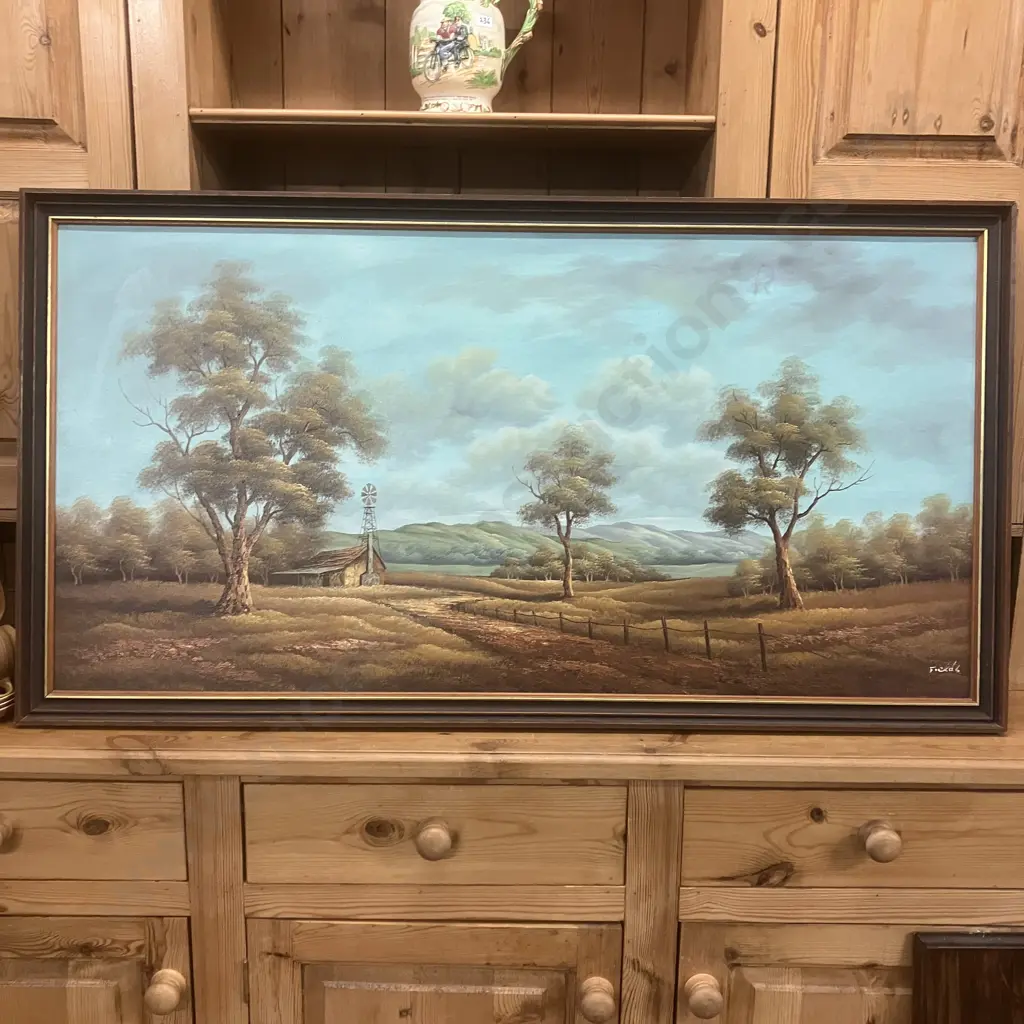 Oil Painting Outback Scene With Gum Trees & Windmill Signed Fields. 128 x 68.5cm Image 1++