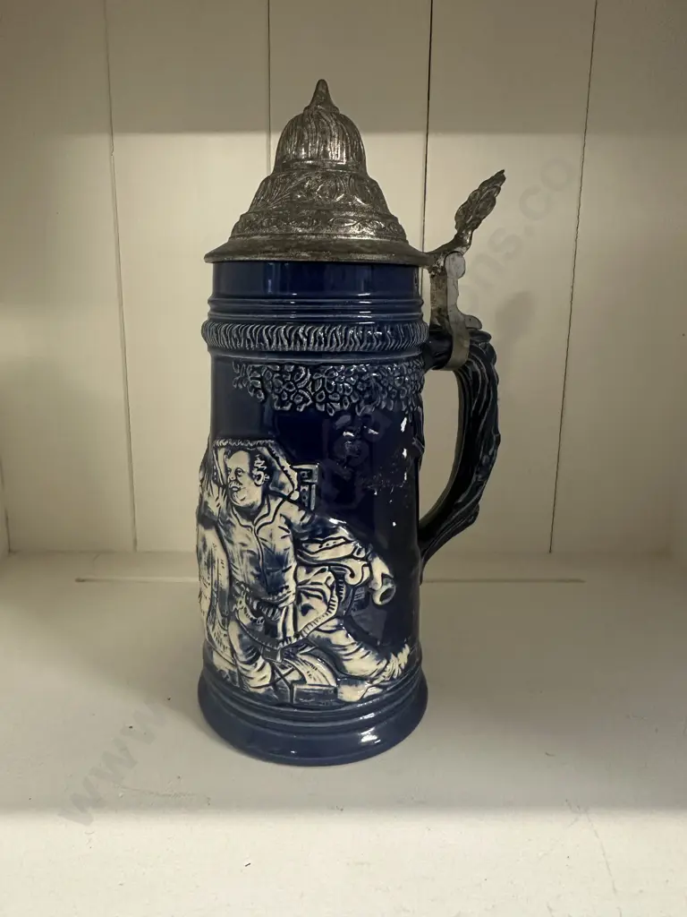 Vintage West German Blue Beer Stein With Silver Coloured Lid H23cm. Image 1++