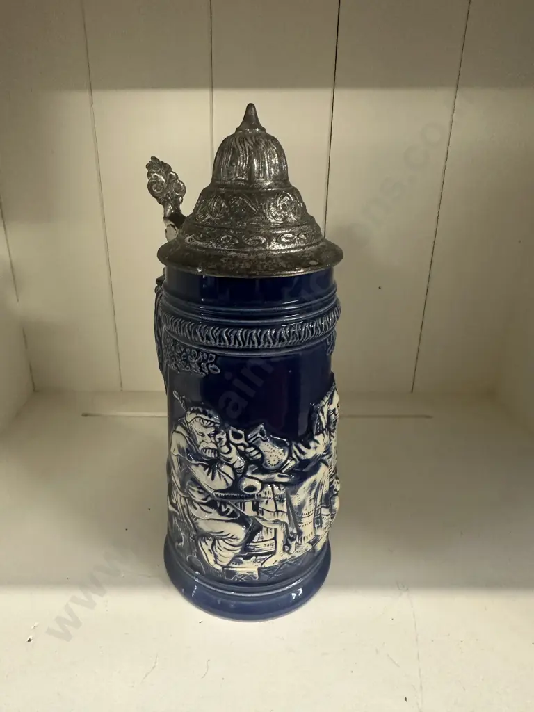 Vintage West German Blue Beer Stein With Silver Coloured Lid H23cm. Image 1++