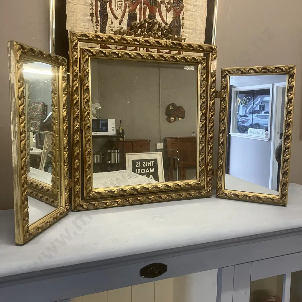 Antique Ornate Plaster On Wood Triptych Vanity Mirror. 55 x 92cm (As Found) Image 1++
