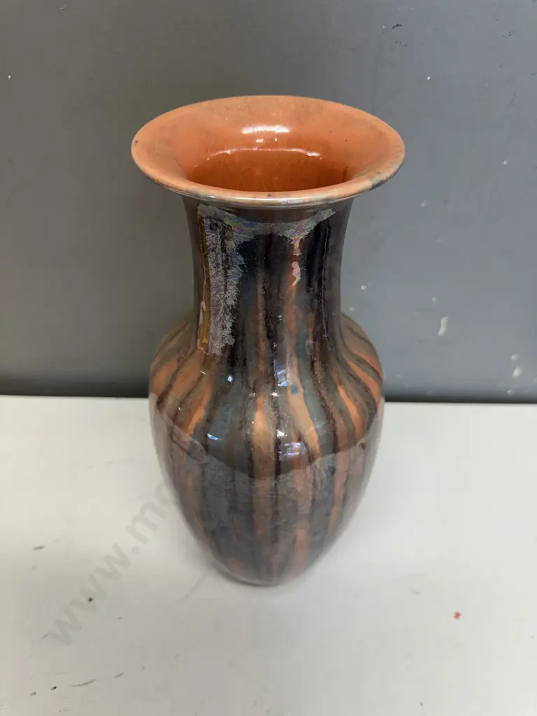 Ceramic Vase With A Vertical Stripe Glaze In Shades Of Orange & Brown H36cm. Image 1++