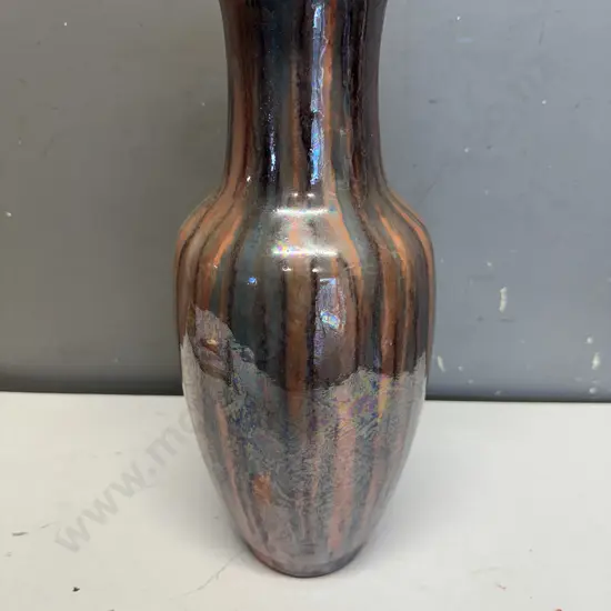 Ceramic Vase With A Vertical Stripe Glaze In Shades Of Orange & Brown H36cm.
