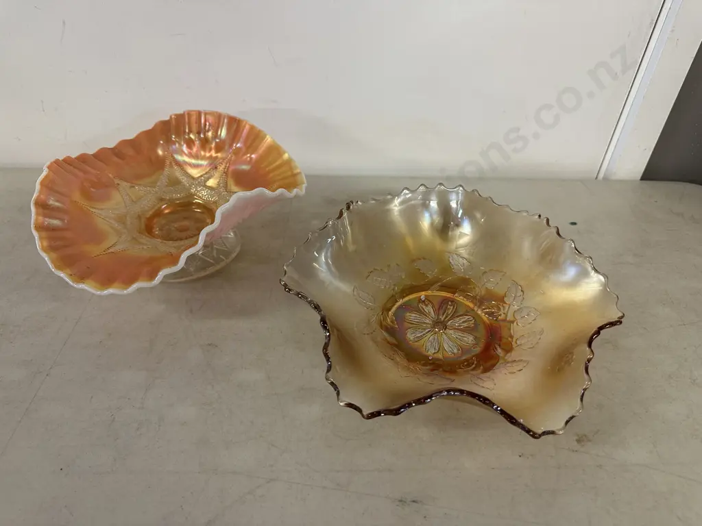 Antique Dugan Carnival Glass Ski Star Peach Opal Banana Boat & Cosmos Variant 6-Ruffel Bowl, Early 1900s. 10x21, 7x25cm Image 1++