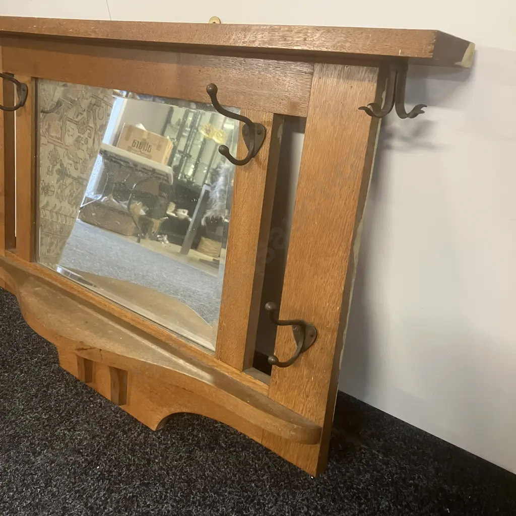 Arts & Craft Oak Coat Rack With Steel Hooks & Revolving Cap Hooks. H60 W102 D13cm Image 1++