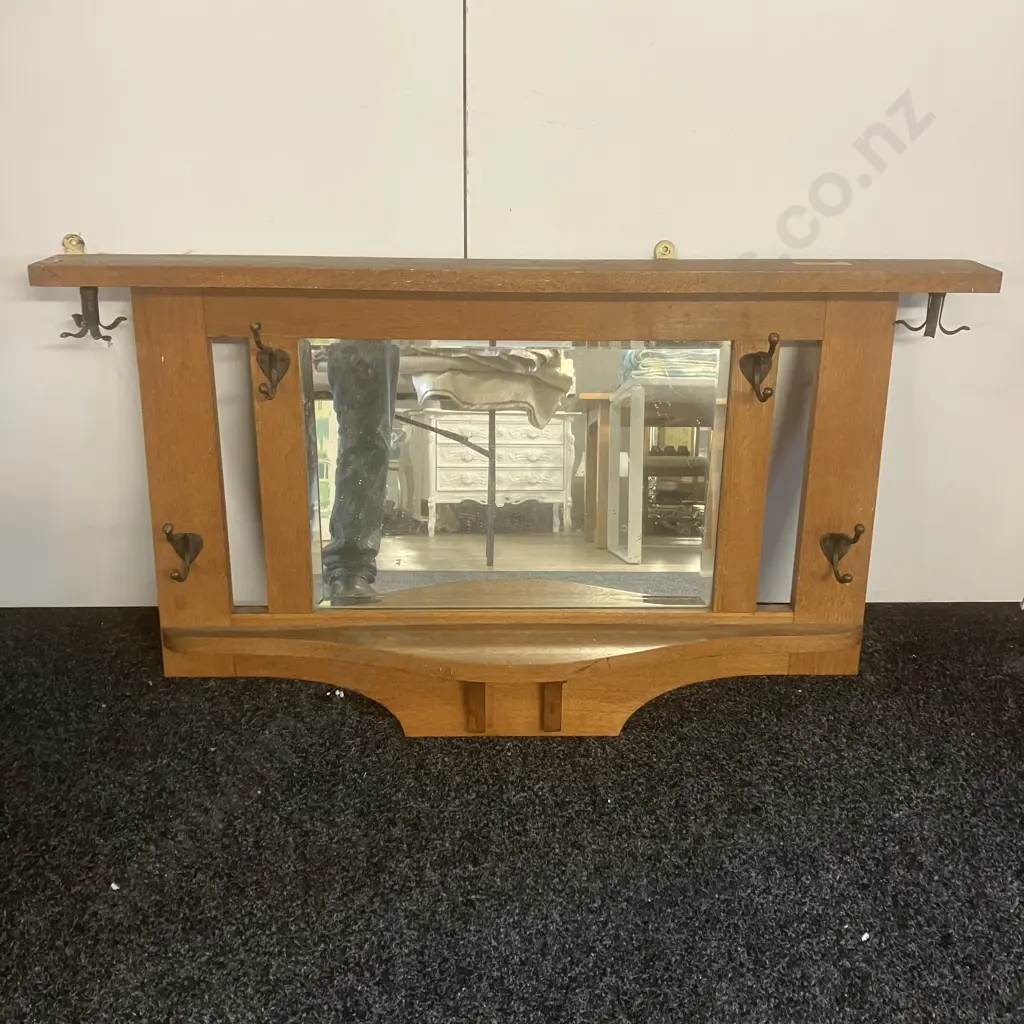 Arts & Craft Oak Coat Rack With Steel Hooks & Revolving Cap Hooks. H60 W102 D13cm Image 1++