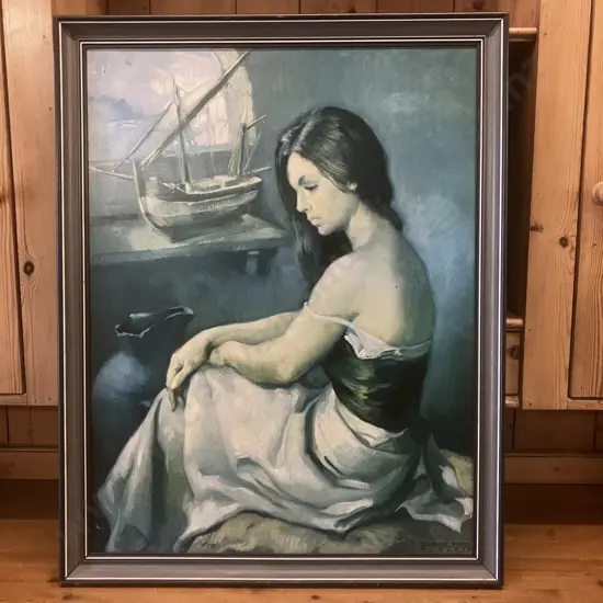 Vintage Framed Print "Contemplacion" Oleo De Francisco Ribera. 80 x 63cm