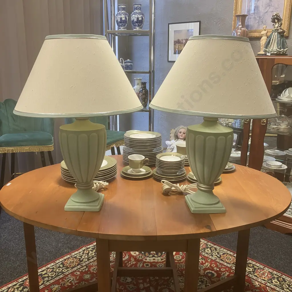 Pair of Spearmint Ceramic Table Lamps, White Shades With Silver Beading. 65 x 47cm Image 1++