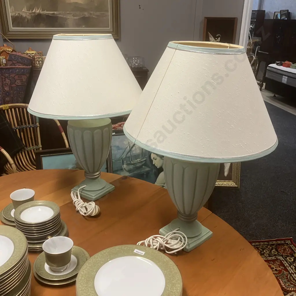 Pair of Spearmint Ceramic Table Lamps, White Shades With Silver Beading. 65 x 47cm Image 1++