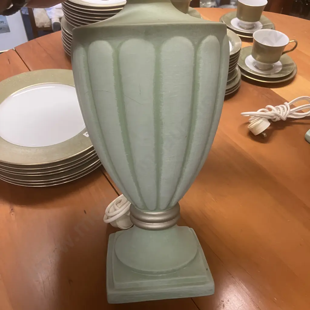 Pair of Spearmint Ceramic Table Lamps, White Shades With Silver Beading. 65 x 47cm Image 1++