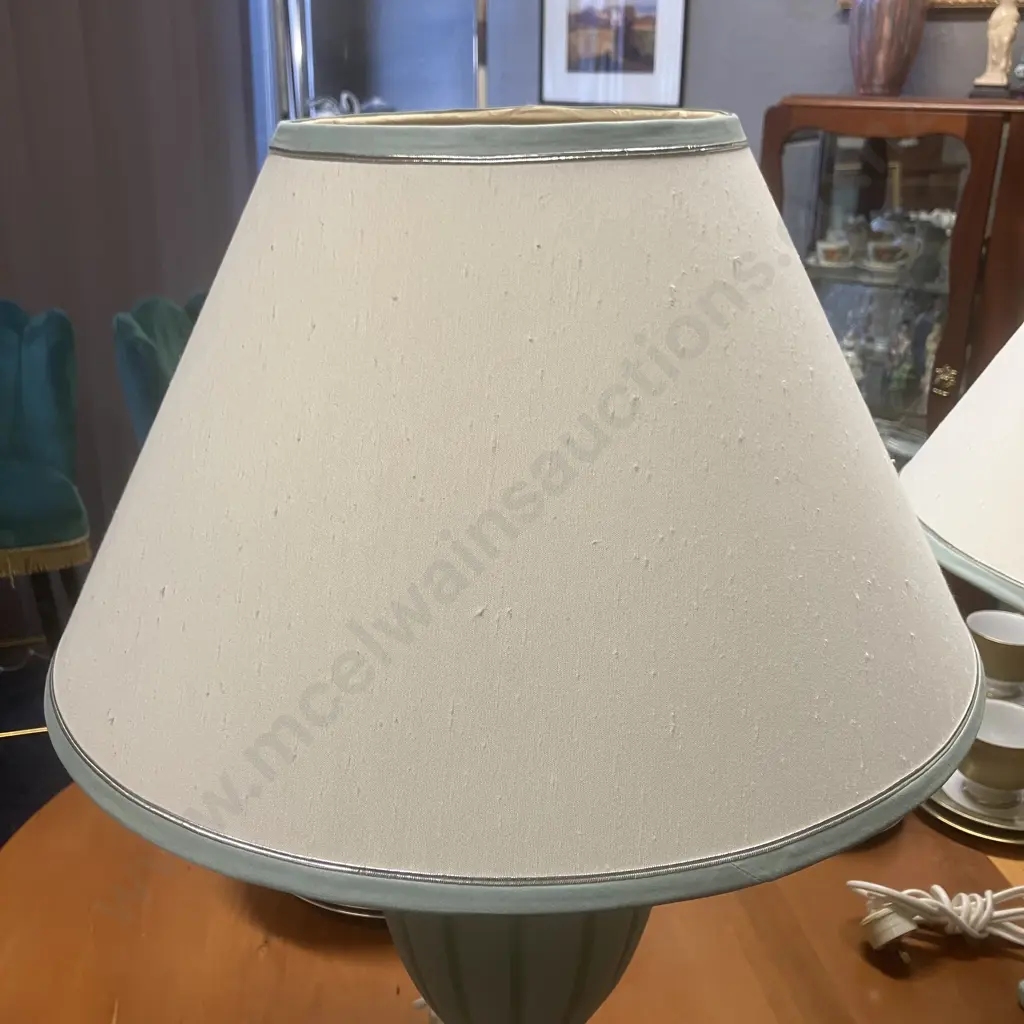 Pair of Spearmint Ceramic Table Lamps, White Shades With Silver Beading. 65 x 47cm Image 1++