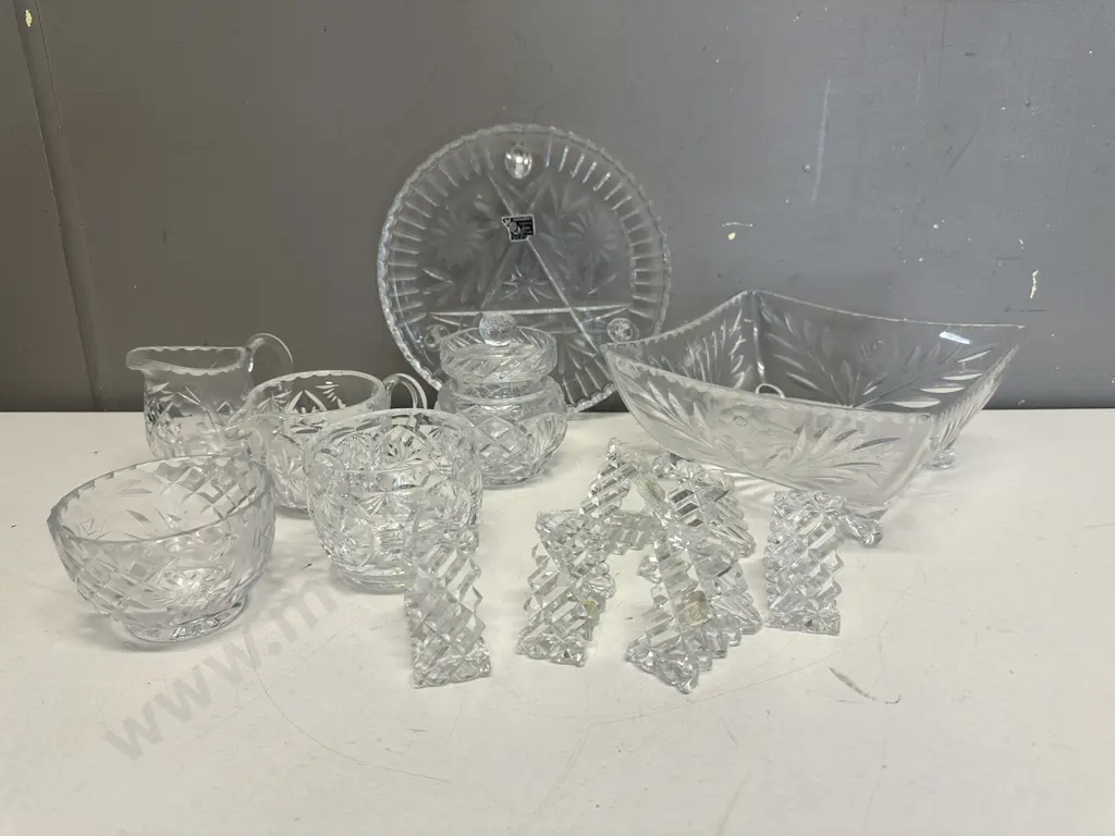 Selection Of Vintage Crystal Items Including Square Bowl, Napkin Holders Etc Image 1++