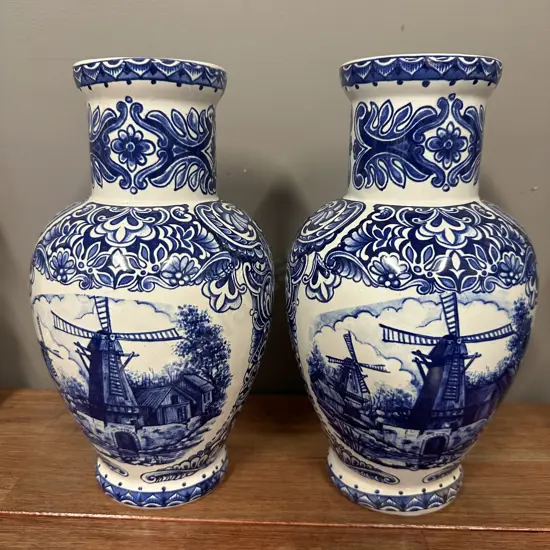T.Delfts Blue & White Pocelain Vases H26.5cm.