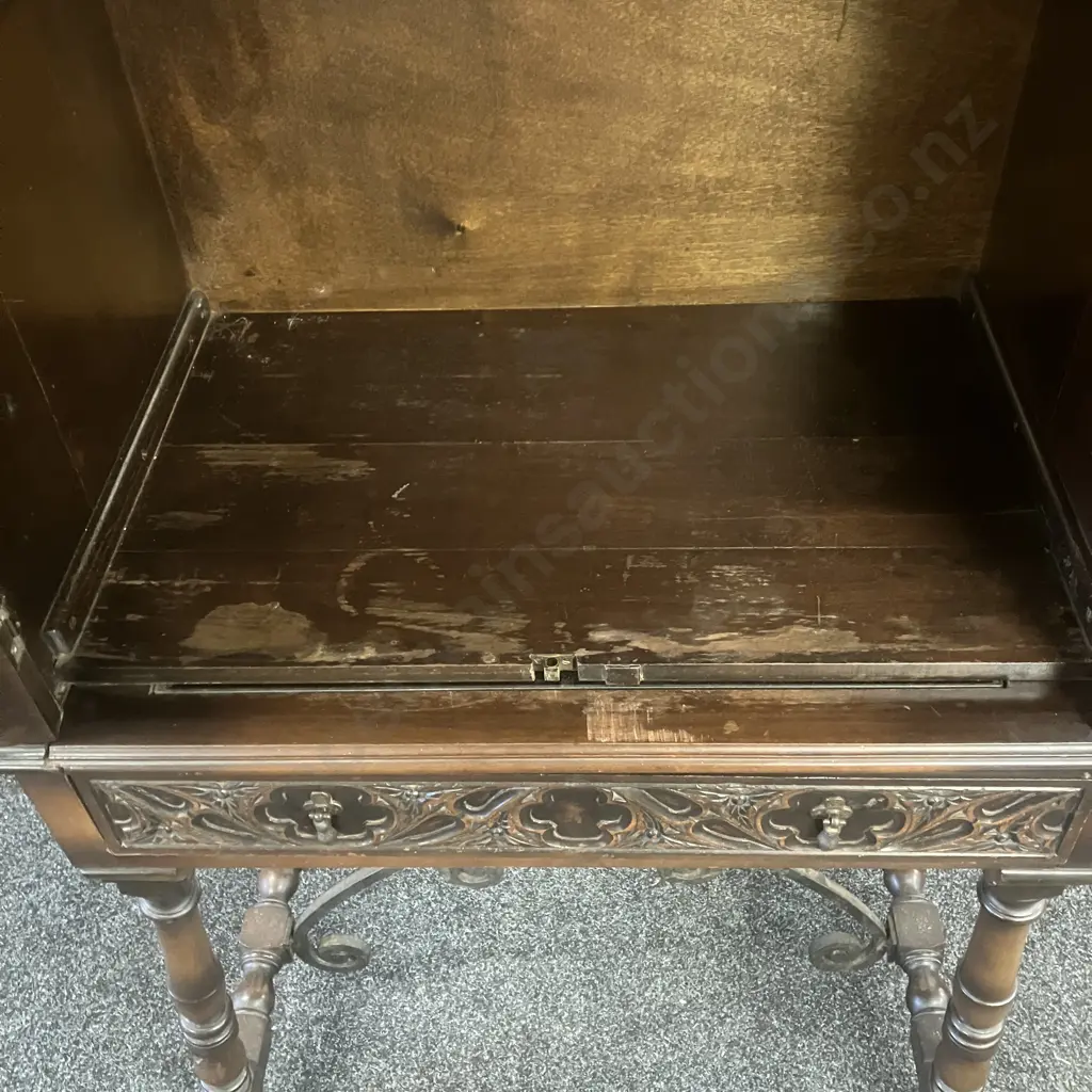 Jacobean Revival 2 Door Cabinet With Key, Glass Display Section, Single Drawer. H160 W88 D43cm Image 1++