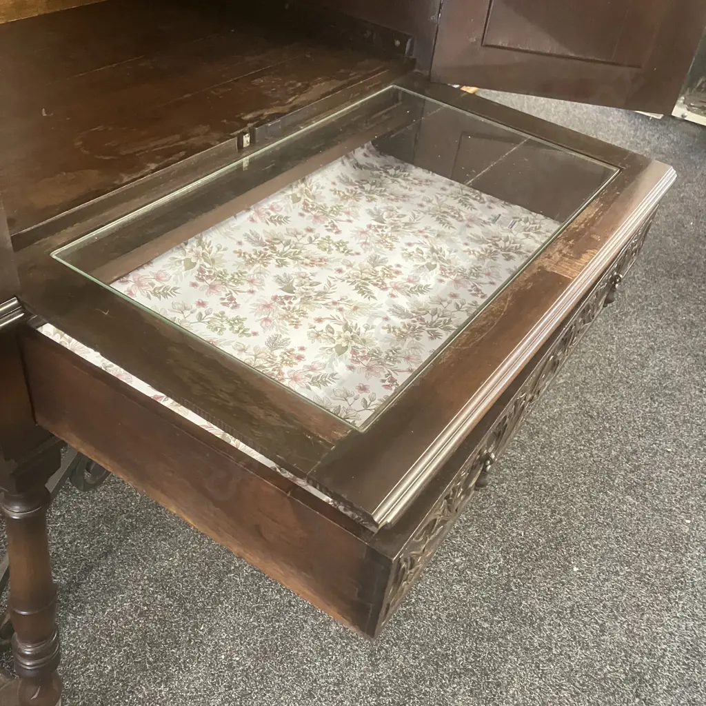 Jacobean Revival 2 Door Cabinet With Key, Glass Display Section, Single Drawer. H160 W88 D43cm Image 1++