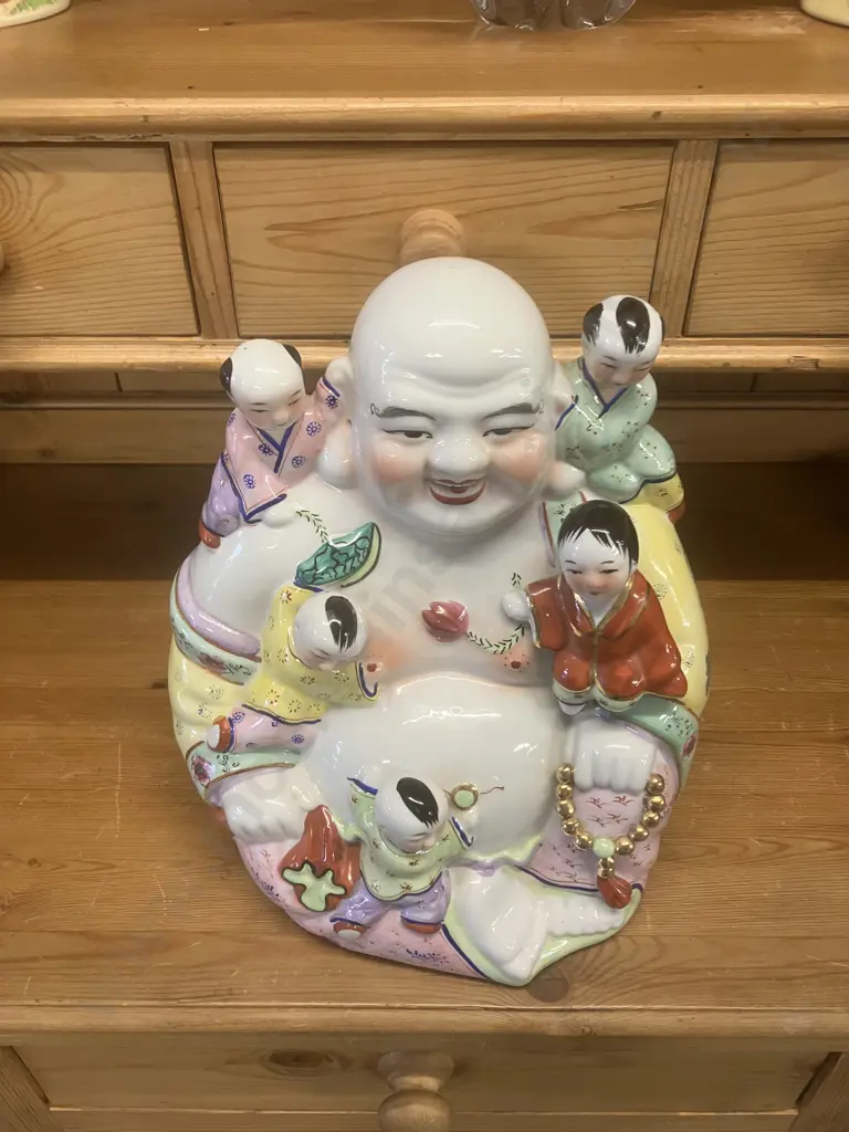 Vintage Chinese Porcelain Laughing Buddha Figurine with 5 Children. 33 x 27cm Image 1++