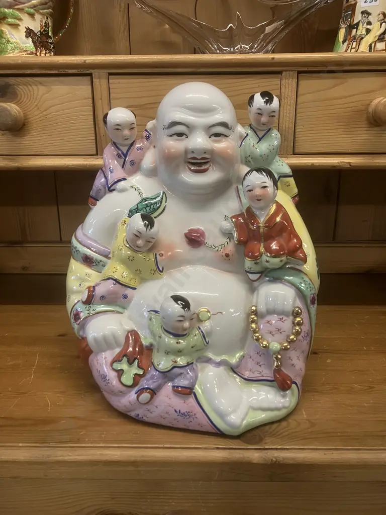 Vintage Chinese Porcelain Laughing Buddha Figurine with 5 Children. 33 x 27cm Image 1++