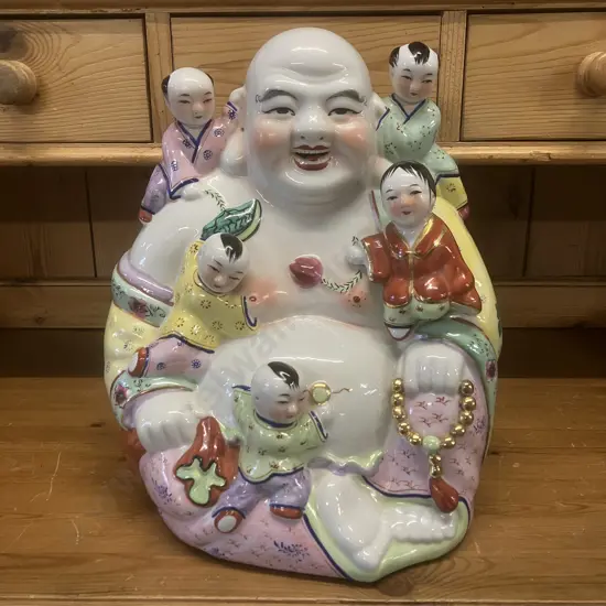 Vintage Chinese Porcelain Laughing Buddha Figurine with 5 Children. 33 x 27cm