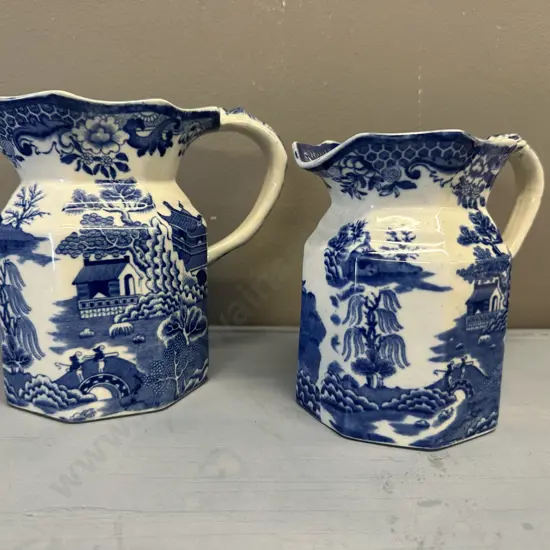Blue & White Willow Pattern Jugs Including Wedgwood & Co & Staffordshire