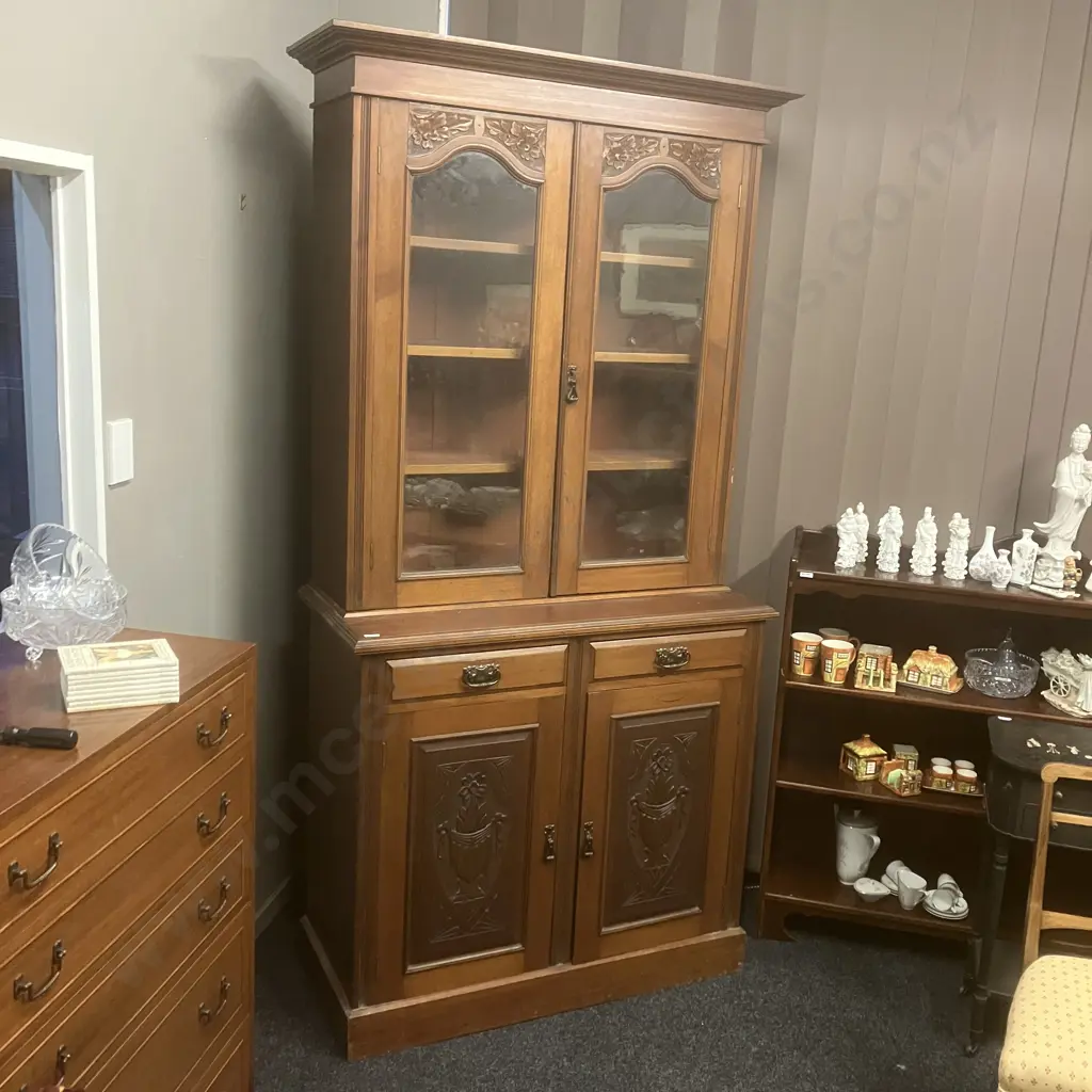 Antique Bookcase Carved With Double Glazed Doors, 3 Piece. H218 W107 D48cm Image 1++