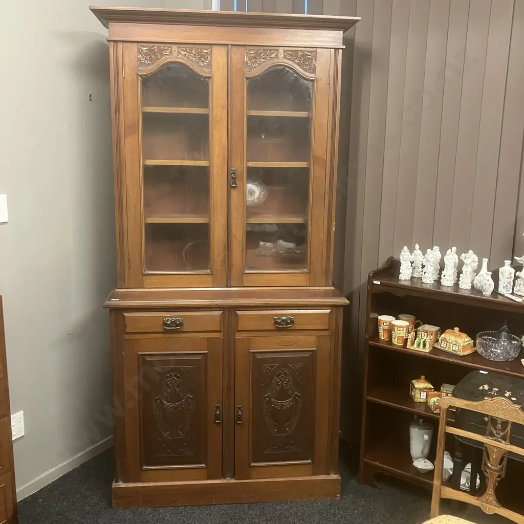Antique Bookcase Carved With Double Glazed Doors, 3 Piece. H218 W107 D48cm Image 1++