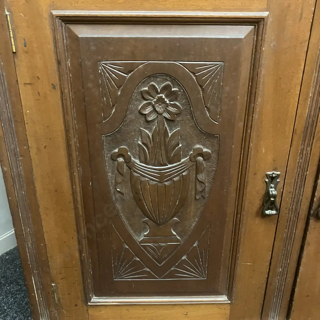 Antique Bookcase Carved With Double Glazed Doors, 3 Piece. H218 W107 D48cm Image 1++