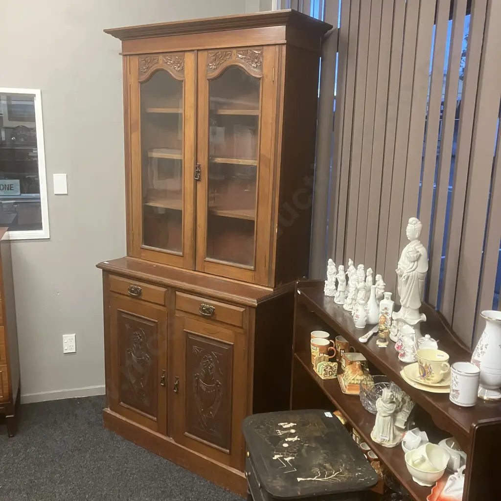 Antique Bookcase Carved With Double Glazed Doors, 3 Piece. H218 W107 D48cm Image 1++