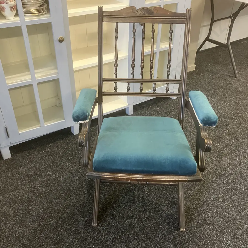 Antique Folding Saloon Chair With Teak Upholstery Image 1++