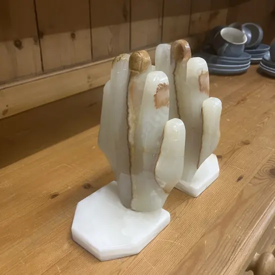 Vintage Hand Shaped White Carved Onyx Marble Stone Bookends. H19 W9 D9cm Each