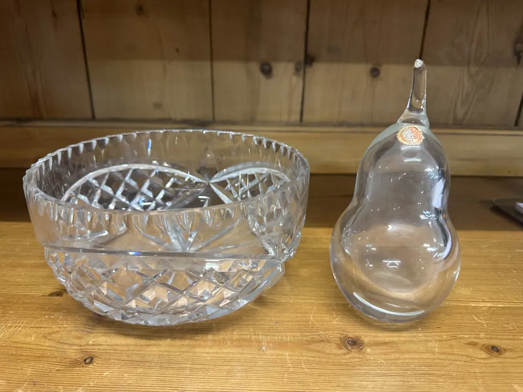 Crystal Bowl & Art Glass Pear Paper Weight Image 1++