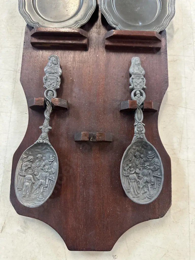 Vintage Pewter Items On Wooden Wall Hung Disply Rack Image 1++