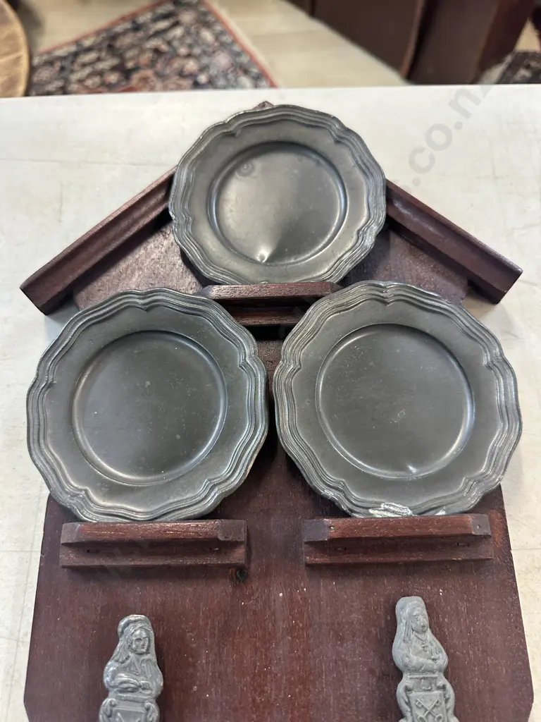 Vintage Pewter Items On Wooden Wall Hung Disply Rack Image 1++