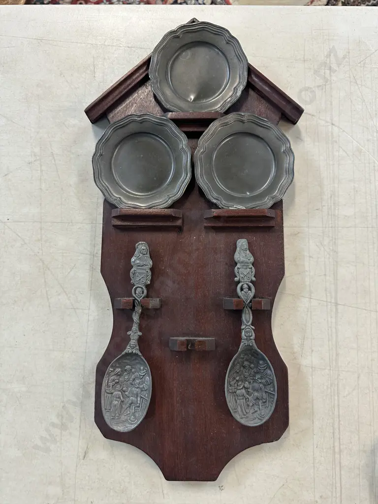 Vintage Pewter Items On Wooden Wall Hung Disply Rack Image 1++