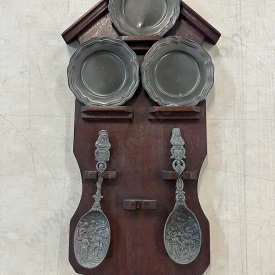 Vintage Pewter Items On Wooden Wall Hung Disply Rack