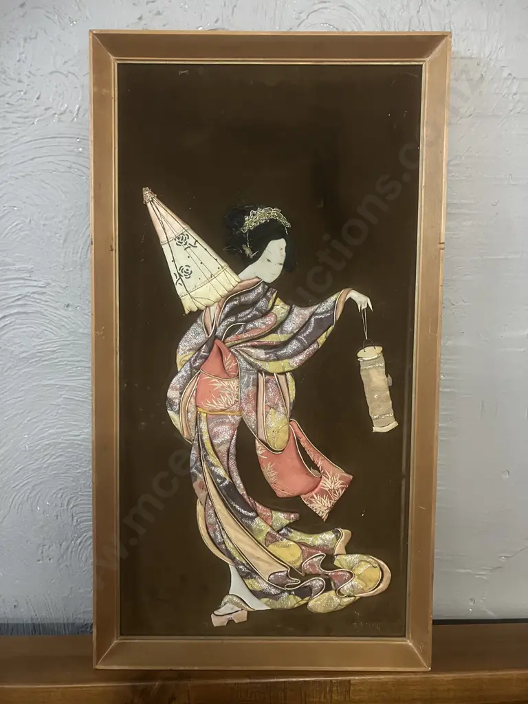 Vintage Oshie Artwork - Framed Japanese Silk Brocade Art. 56 x 30.5cm Image 1++