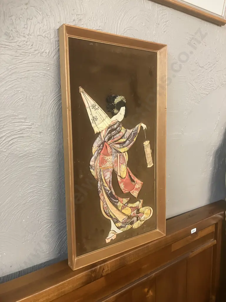 Vintage Oshie Artwork - Framed Japanese Silk Brocade Art. 56 x 30.5cm Image 1++
