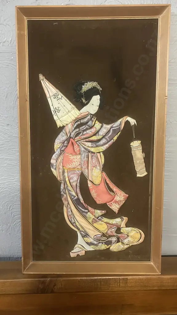 Vintage Oshie Artwork - Framed Japanese Silk Brocade Art. 56 x 30.5cm Image 1++