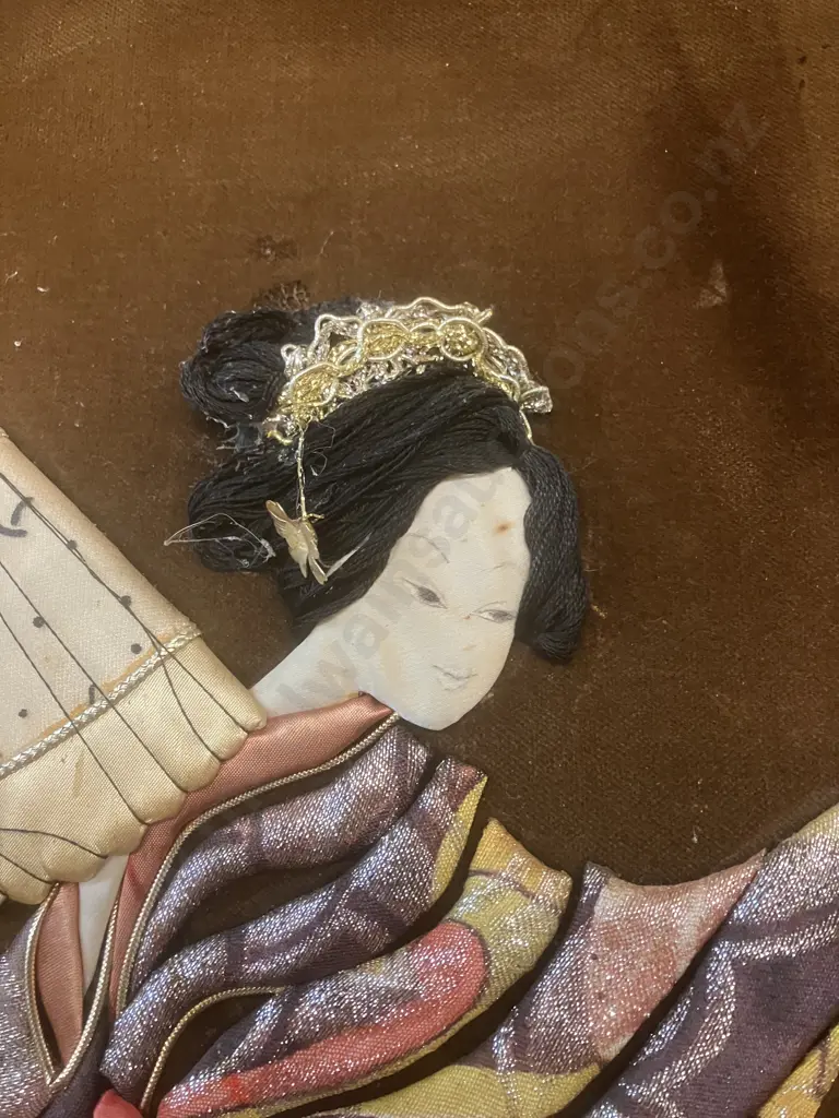 Vintage Oshie Artwork - Framed Japanese Silk Brocade Art. 56 x 30.5cm Image 1++