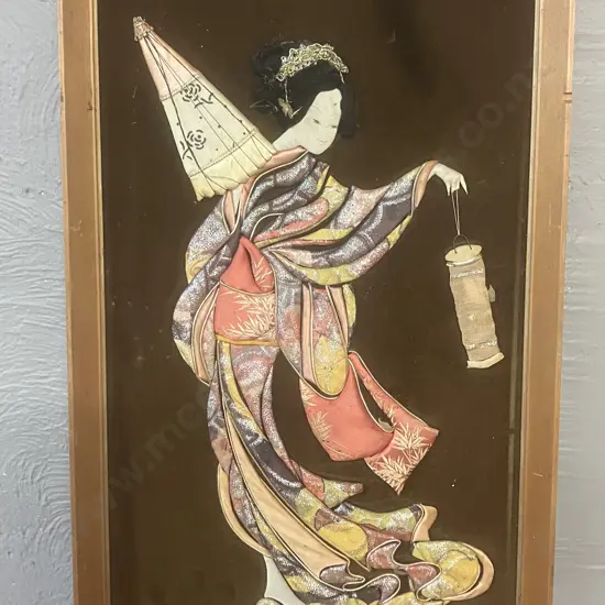 Vintage Oshie Artwork - Framed Japanese Silk Brocade Art. 56 x 30.5cm