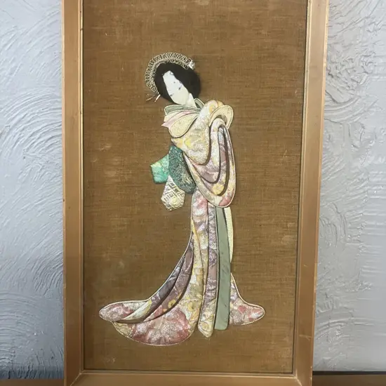 Vintage Oshie Artwork - Framed Japanese Silk Brocade Art. 51 x 30.5cm