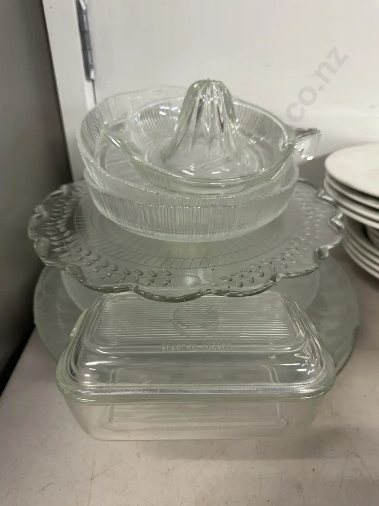 Assorted Vintage Glass Ware Items Including Juicer & Lidded Butter Dish Image 1++