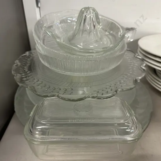 Assorted Vintage Glass Ware Items Including Juicer & Lidded Butter Dish