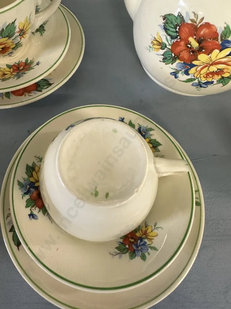 Vintage English Tea Ware 3x Demi Tasse Trios, 1x Duo, Creamer & Teapot Floral Detail (1x Plate Broken) Image 1++