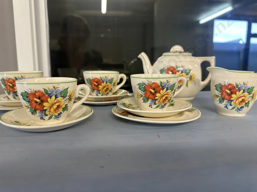 Vintage English Tea Ware 3x Demi Tasse Trios, 1x Duo, Creamer & Teapot Floral Detail (1x Plate Broken) Image 1++