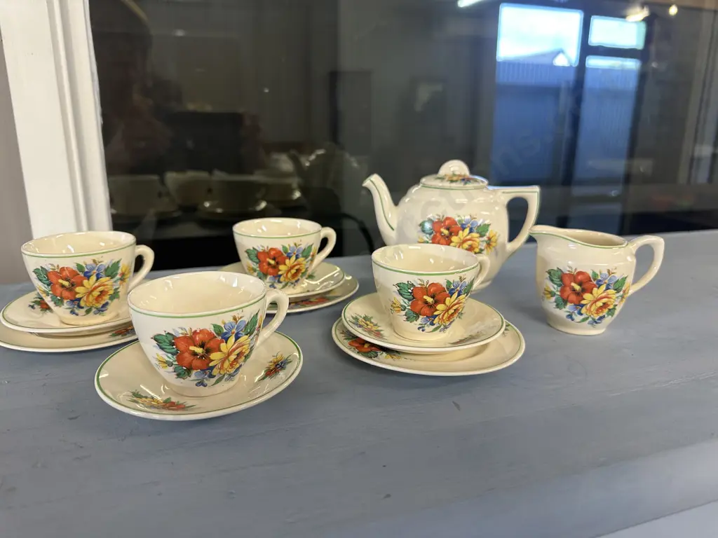 Vintage English Tea Ware 3x Demi Tasse Trios, 1x Duo, Creamer & Teapot Floral Detail (1x Plate Broken) Image 1++