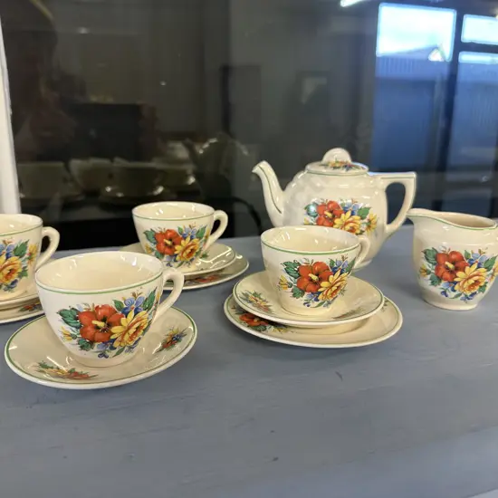 Vintage English Tea Ware 3x Demi Tasse Trios, 1x Duo, Creamer & Teapot Floral Detail (1x Plate Broken)