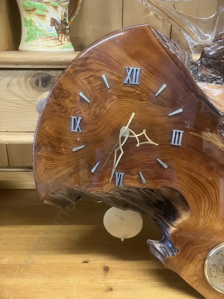Live Edge Pendulum Wall Clock With Fisher Barometer 44 x 48cm Image 1++