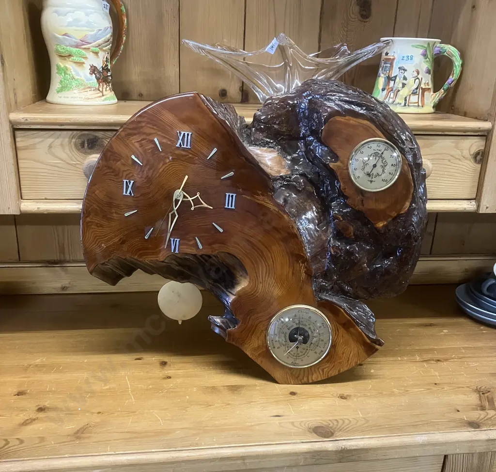Live Edge Pendulum Wall Clock With Fisher Barometer 44 x 48cm Image 1++