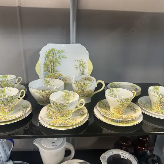 Shelley English Bone China In The Daffodil Time Pattern, 5 x Trios, Creamer, Sugar Bowl & Cake Plate.  #13307