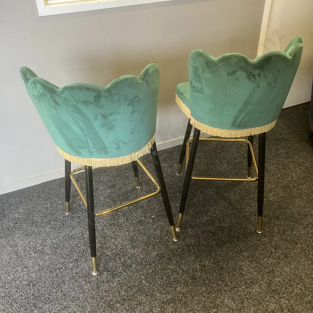 Pair of Green Velvet Swivel Base Bar Stools With Tassells, Crown Shaped Back. H100cm Image 1++